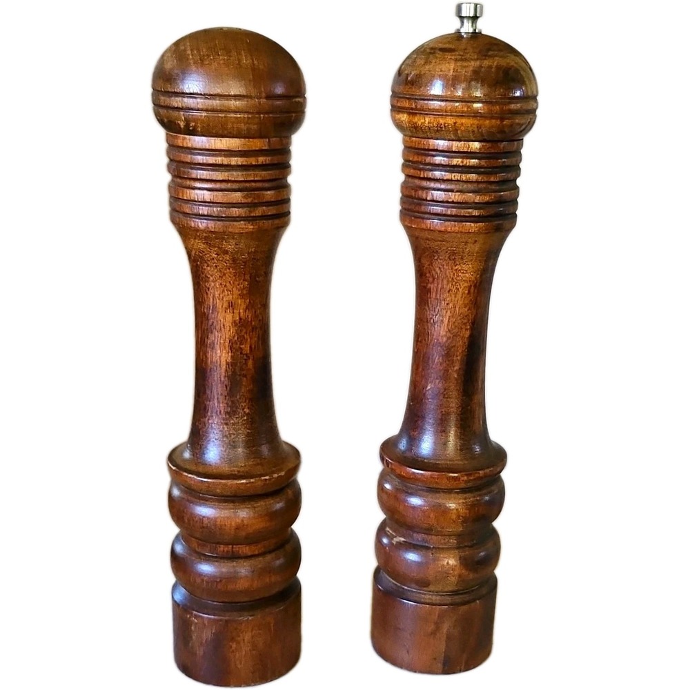 Vintage Woodcrest Japan 10" Turned Wood Salt Shaker & Pepper Mill Set MCM 10"